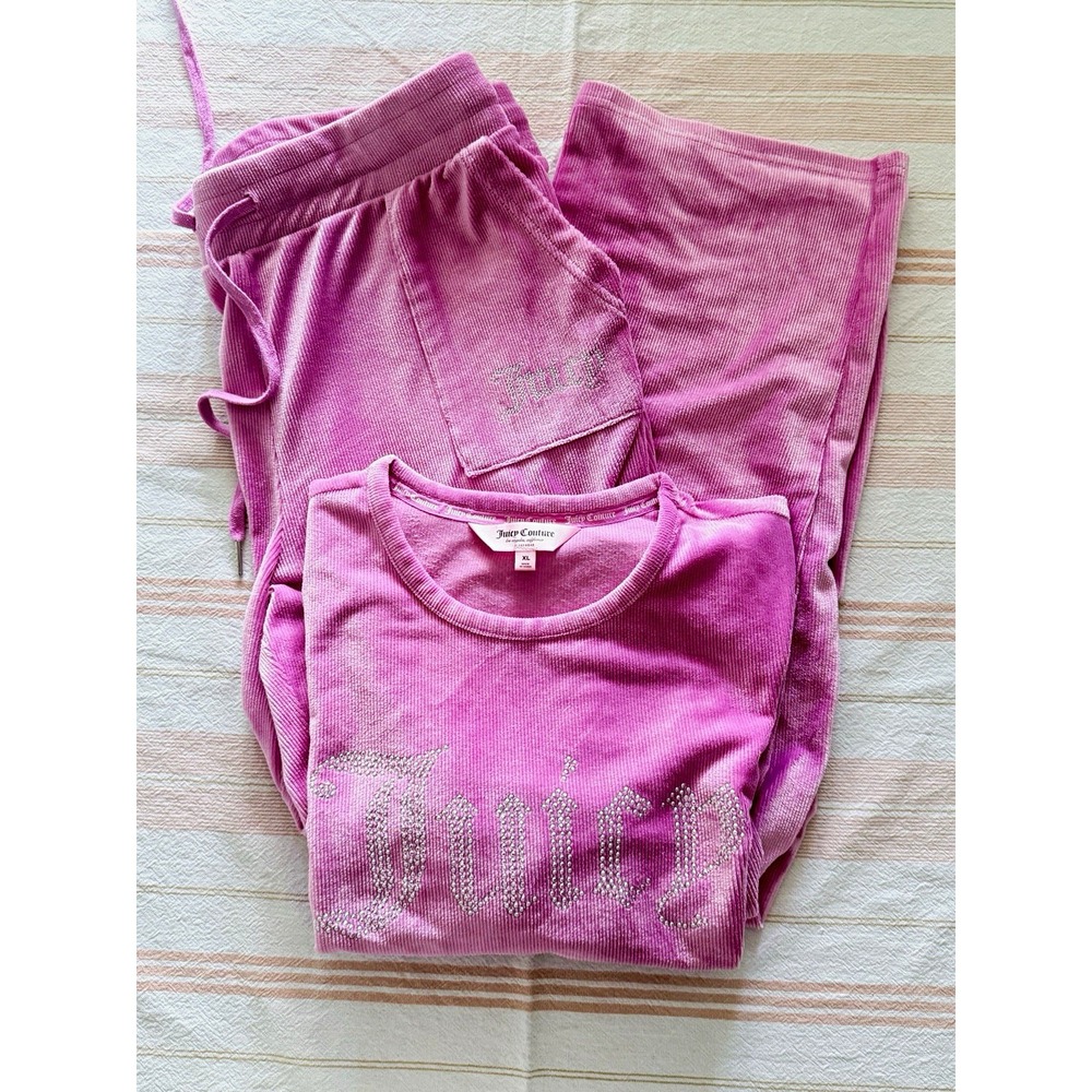 Juicy Couture Pink Velour 2-Piece Rhinestone Logo Tee & Pants Set XL